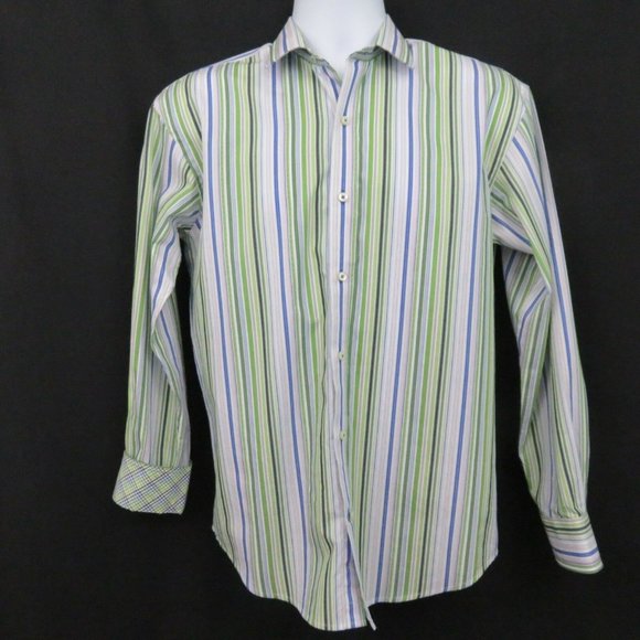 Thomas Dean Blue Green Stripe Flip Cuff Shirt XL - Picture 2 of 8